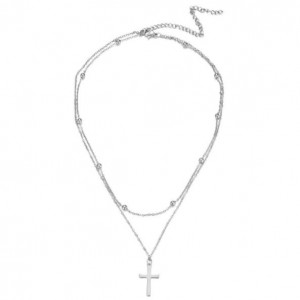 Dual Layers Beads Decorated Simple Fashion Cross Pendant Wholesale Women Costume Necklace - Silver