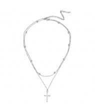 Dual Layers Beads Decorated Simple Fashion Cross Pendant Wholesale Women Costume Necklace - Silver