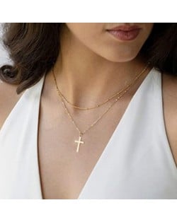 Dual Layers Beads Decorated Simple Fashion Cross Pendant Wholesale Women Costume Necklace - Golden