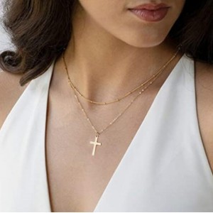 Dual Layers Beads Decorated Simple Fashion Cross Pendant Wholesale Women Costume Necklace - Golden