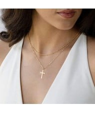 Dual Layers Beads Decorated Simple Fashion Cross Pendant Wholesale Women Costume Necklace - Golden