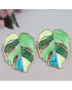 European Fashion Hollow Leaves Design Oil-spot Glazed Women Costume Earrings - Green