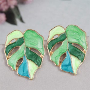 European Fashion Hollow Leaves Design Oil-spot Glazed Women Costume Earrings - Green