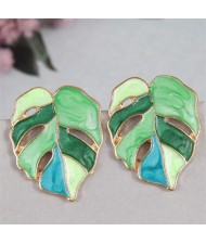 European Fashion Hollow Leaves Design Oil-spot Glazed Women Costume Earrings - Green