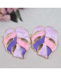 European Fashion Hollow Leaves Design Oil-spot Glazed Women Costume Earrings - Purple