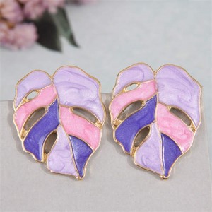 European Fashion Hollow Leaves Design Oil-spot Glazed Women Costume Earrings - Purple