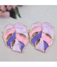 European Fashion Hollow Leaves Design Oil-spot Glazed Women Costume Earrings - Purple