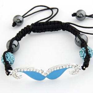 Czech Rhinestone Inlaid Moustache Crystal Ball Attached Weaving Bracelet - Blue