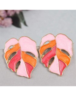 European Fashion Hollow Leaves Design Oil-spot Glazed Women Costume Earrings - Orange