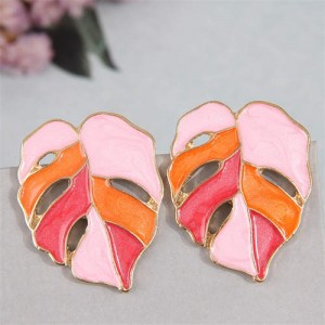 European Fashion Hollow Leaves Design Oil-spot Glazed Women Costume Earrings - Orange