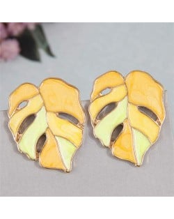 European Fashion Hollow Leaves Design Oil-spot Glazed Women Costume Earrings - Yellow