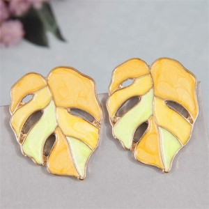 European Fashion Hollow Leaves Design Oil-spot Glazed Women Costume Earrings - Yellow