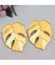 European Fashion Hollow Leaves Design Oil-spot Glazed Women Costume Earrings - Yellow