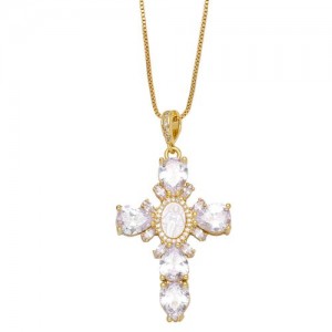 Vintage Religious Virgin Mary Cross Pendant Sweater Chain Women Necklace - Golden