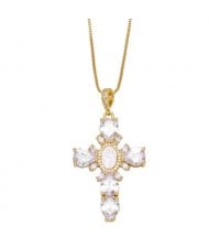 Dual Layers Beads Decorated Simple Fashion Cross Pendant Wholesale Women Costume Necklace - Golden