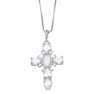 Vintage Religious Virgin Mary Cross Pendant Sweater Chain Women Necklace - Silver