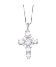 Vintage Religious Virgin Mary Cross Pendant Sweater Chain Women Necklace - Silver