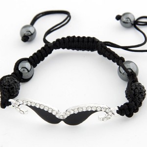 Czech Rhinestone Inlaid Moustache Crystal Ball Attached Weaving Bracelet - Black