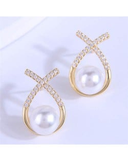 Glistening Rhinestone Embellished Bowknot Design Pearl Korean Fashion Women Wholesale Earrings