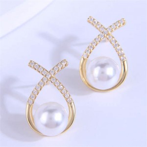 Glistening Rhinestone Embellished Bowknot Design Pearl Korean Fashion Women Wholesale Earrings