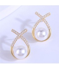 Glistening Rhinestone Embellished Bowknot Design Pearl Korean Fashion Women Wholesale Earrings