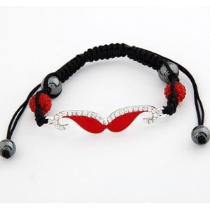 Czech Rhinestone Inlaid Moustache Crystal Ball Attached Weaving Bracelet - Red