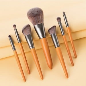 (7 PCS Set) Vintage Brown Color Wooden Handle Fashion Makeup Brush