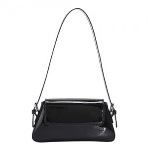 Simple Design U.S. Fashion Bright Surface PU Women Shoulder Bag - Black