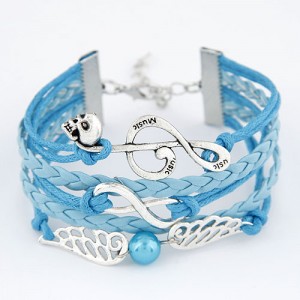 Skull Music Note and Angel Wing Charm Pendants Blue Bracelet