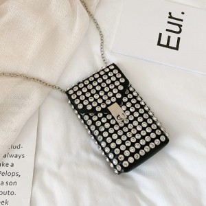 Popular Bling Rhinestone Paved Mini Mobile Phone Bag PU Women Shoulder Bag - Black