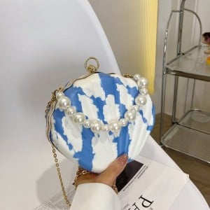 Fashion Pearl Chain Shell Shaped Design Wholesale Women Handbag Shoulder Bag - White with Blue