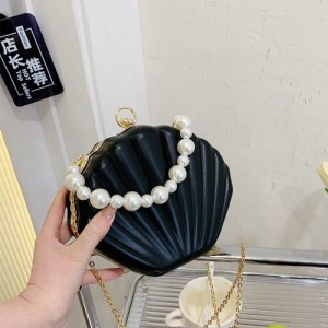 Fashion Pearl Chain Shell Shaped Design Leather Wholesale Women Shoulder Bag Handbag - Black
