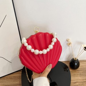 Fashion Pearl Chain Shell Shaped Design Leather Wholesale Women Shoulder Bag Handbag - Red