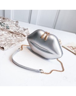 Fashion Lip Shaped Design Alloy Chain PU Leather Wholesale Women Shoulder Bag - Silver