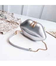 Fashion Lip Shaped Design Alloy Chain PU Leather Wholesale Women Shoulder Bag - Silver