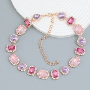 Exaggerated Style Full Rhinestone Women Choker Statement Necklace - Pink