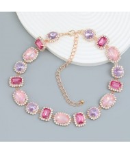 Exaggerated Style Full Rhinestone Women Choker Statement Necklace - Pink