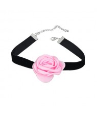 France Style Elegant Rose Flower Design Cloth Women Necklace - Pink