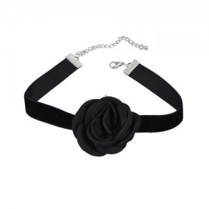 France Style Elegant Rose Flower Design Cloth Women Necklace - Black