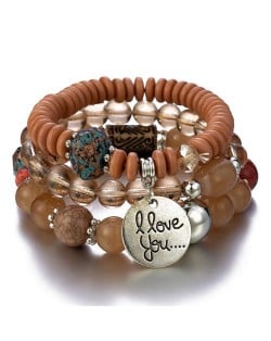 Bohemian Fashion I Love You Pendant Triple Layers Mixed Beads Handmade Bracelet - Brown