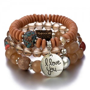 Bohemian Fashion I Love You Pendant Triple Layers Mixed Beads Handmade Bracelet - Brown