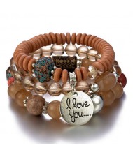 Bohemian Fashion I Love You Pendant Triple Layers Mixed Beads Handmade Bracelet - Brown