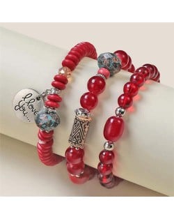 Bohemian Fashion I Love You Pendant Triple Layers Mixed Beads Handmade Bracelet - Red