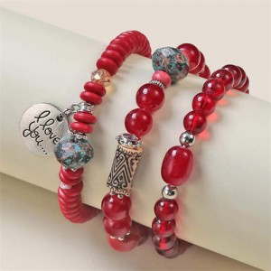 Bohemian Fashion I Love You Pendant Triple Layers Mixed Beads Handmade Bracelet - Red
