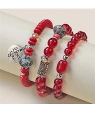 Bohemian Fashion I Love You Pendant Triple Layers Mixed Beads Handmade Bracelet - Red