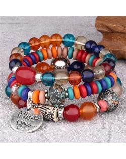 Bohemian Fashion I Love You Pendant Triple Layers Mixed Beads Handmade Bracelet - Multicolor