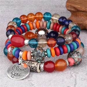 Bohemian Fashion I Love You Pendant Triple Layers Mixed Beads Handmade Bracelet - Multicolor