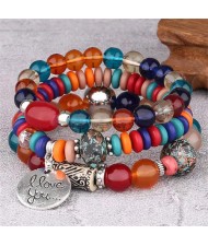 Bohemian Fashion I Love You Pendant Triple Layers Mixed Beads Handmade Bracelet - Multicolor