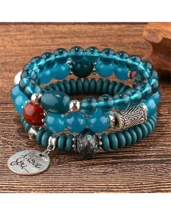 Bohemian Fashion I Love You Pendant Triple Layers Mixed Beads Handmade Bracelet - Blue