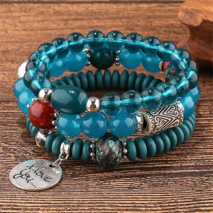 Bohemian Fashion I Love You Pendant Triple Layers Mixed Beads Handmade Bracelet - Blue